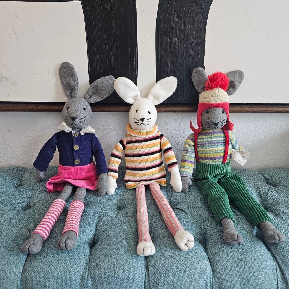 Anthropologie Set of 3 Plush Bunny & Mouse Dolls Soft Stuffed Animals